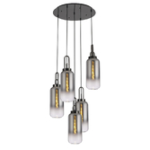 Photograph: Idolite Camille Round 5 Light Pendant With 16cm Cylinder Glass, Black Chrome/Matt Black Smoked/Clear