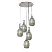 Photograph: Idolite Camille Round 5 Light Pendant With 20cm Almond Ribbed Glass, Aged Pewter/Matt Black Smoked