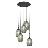 Photograph: Idolite Camille Round 5 Light Pendant With 20cm Almond Ribbed Glass, Antique Silver/Matt Black Smoked
