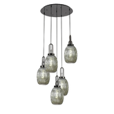 Photograph: Idolite Camille Round 5 Light Pendant With 20cm Almond Ribbed Glass, Black Chrome/Matt Black Smoked