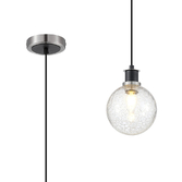 Photograph: Idolite Haughton IP 1.3m Pendant, 1 x E14 With 15cm Round Crackled Glass Shade, Satin Nickel, Clear & Satin Black