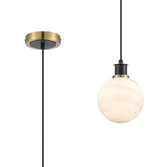 Photograph: Idolite Haughton IP 1.3m Pendant, 1 x E14 With 15cm Round Marble Effect Glass Shade, Brass, White & Satin Black