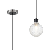 Photograph: Idolite Haughton IP 1.3m Pendant, 1 x E14 With 15cm Round Textured Diamond Pattern Glass Shade, Satin Nickel, Clear & Satin Black