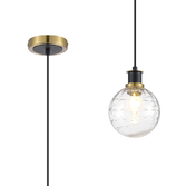 Photograph: Idolite Haughton IP 1.3m Pendant, 1 x E14 With 15cm Round Textured Melting Glass Shade, Brass, Clear & Satin Black