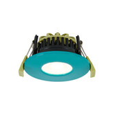 Photograph: Idolite Imre 4/6/8W: Triac Dimmable 4CCT LED Fire Rated Downlight: Bright Teal Fascia: Cut Out: 70mm: 400/600/800lm: 60 Deg: IP65 DRIVER INC. 5yrs Wrnty