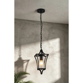 Photograph: Idolite Nantwich Downward Facing Black Curved Frame Outdoor Pendant Light Complete WIth Clear Cylindrical Glass - IP54