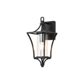Photograph: Idolite Nantwich Downward Facing Black Curved Frame Small Outdoor Wall Lantern Complete WIth Clear Cylindrical Glass - IP54
