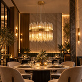 Photograph: Idolite Ohird 40cm Brass And Cognac 6 Light Round Glass Pendant Light