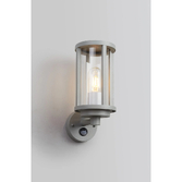 Photograph: Idolite Sannee Cylinder PIR Wall Lamp 1 Light IP44 Matt Silver/Clear