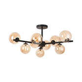 Photograph: Idolite Segal Satin Black 88cm Semi-Flush 3 Arm 6 Light Complete With Amber Plated Glass Globe Shades