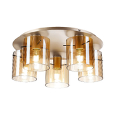 Photograph: Idolite Snowdon 5 Light Flush Ceiling Light In Gold With Amber Ribbed Glass Shades