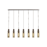 Photograph: Idolite Snowdon Slim Mocha 7 Light Linear Bar Pendant Complete With Amber Glass Shades