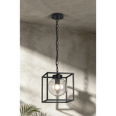 Photograph: Idolite Telford Satin Black Large Square Frame Outdoor Pendant Light Complete With Clear Seeded Glass - IP54