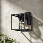 Photograph: Idolite Telford Satin Black Small Square Frame Outdoor Wall Light Complete With Clear Seeded Glass - IP54