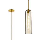 Photograph: Idolite Var Gold Linear Single Pendant Light Complete With A Cognac Cylindrical Ribbed Glass