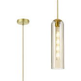 Photograph: Idolite Var Satin Gold Linear Single Pendant Light Complete With A Cognac Cylindrical Ribbed Glass