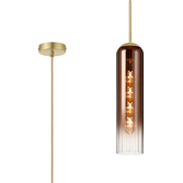 Photograph: Idolite Var Satin Gold Long Linear Single Pendant Light Complete With A Copper Fade Cylindrical Ribbed Glass