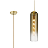 Photograph: Idolite Var Satin Gold Long Linear Single Pendant Light Complete With A Gold Fade Cylindrical Ribbed Glass