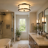 Photograph: Idolite Vault 25cm 2 Light Round Flush Bathroom Ceiling Light Painted Bronze/Brown Faux Alabaster (B) Glass - IP44