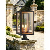 Photograph: Idolite Wilmslow Satin Black And Gold 3 Light Large Rectangular Post Lamp With Clear Glass Lens - IP54