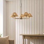 Photograph: Jericho 5 Light Multi Arm Pendant Antique Brass With Natural Rattan Shades