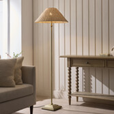 Photograph: Jericho Floor Lamp Antique Brass With Natural Rattan Shade