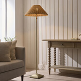 Photograph: Jericho Floor Lamp Antique Brass With Warm Brown Rattan Shade