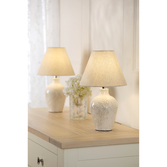 Photograph: Laura Ashley Pussywillow Twin Pack of Cream Patterened Table Lamps Complete With Natural Linen Shades - Switched