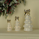 Photograph: LIT WHITE CERAMIC TREES WITH GOLD BOW SET OF 3 - Battery Operated (9 X LR44 - Not Included)