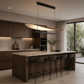 Photograph: Mantra Abisal Black/Dark Wood Linear Pendant: 40W LED: 3000K: 5360lm: Triac Dimmable
