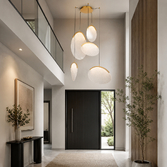 Photograph: Mantra Oasis 90cm 5 Light Cluster Pendant Gold With Unique Acrylic Lens: 65W LED: 3000K: Triac Dimmable