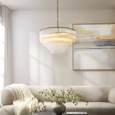 Photograph: Montpellier 5 Light Brushed Aged Brass Finish Pendant Complete With Clear Ribbed Glass Droppers