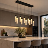 Photograph: Moonbeam Black Metal And Marbleised Resin Rectangular 10 Light Led Kitchen Island Pendant Light - 3000K - Dimmable