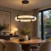 Photograph: Moonbeam Black Metal And Marbleised Resin Round Led Pendant Light - 3000K - Dimmable