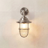 Photograph: Navigator Guard Quinn Satin Nickel Downward Facing Swan Neck Wall Lantern Light With Clear Ribbed Glass - IP64, Solid Brass, Caostal