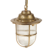 Photograph: Navigator Hull Guard Raw Brass Chain Lantern With Cage Detailing Complete With Clear Ribbed Glass - IP54, Solid Brass, Coastal