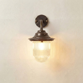 Photograph: Navigator Quinn Antique Brass Downward Facing Swan Neck Wall Lantern Light With Clear Ribbed Glass - IP64, Solid Brass, Coastal