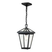 Photograph: Quintiesse Alford Place 1 Light Small Exterior Chain Lantern In Black Complete With Clear Glass Panels IP44 - QN-ALFORD-PLACE8-S-MB