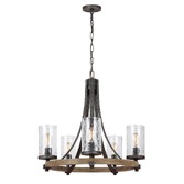 Photograph: Quintiesse Angelo 5 Light Chandelier In Distressed Weathered Oak And Slate Metal Grey Complete With Cylindrical Clear Wavy Glasses - QN-ANGELO5