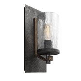 Photograph: Quintiesse Angelo Single Wall Light Chandelier In Distressed Weathered Oak And Slate Metal Grey Complete With Cylindrical Clear Wavy Glass - QN-ANGELO1