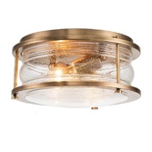 Photograph: Quintiesse Ashland Bay 2 Light Flush Bathroom Ceiling Light In Natural Brass Finish Complete With Clear Seeded Glass - IP44 - QN-ASHLANDBAY-F-NBR-BATH