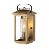 Photograph: Quintiesse Atwater 1 Light Small Outdoor Wall Lantern In Painted Distressed Brass Complete WIth Clear Seeded Glass - IP44 - QN-ATWATER-S-PDP