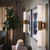 Photograph: Quintiesse Facet Double LED Bathroom Wall Light In Heritage Brass Finish Complete With Satin Opal Etched Glass - IP44 - QN-FACET-LED2-HB-BATH
