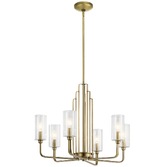 Photograph: Quintiesse Kimrose 6 Light Chandelier In Brushed Natural Brass Complete With Gently Ribbed Clear Glass Shades - QN-KIMROSE6-BNB