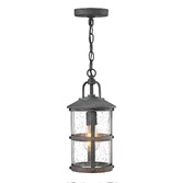 Photograph: Quintiesse Lakehouse 1 Light Small Chain Lantern In Aged Zinc And Driftwood Grey Finishes Complete With Clear Seeded Glass - IP44 - QN-LAKEHOUSE2-M-DZ