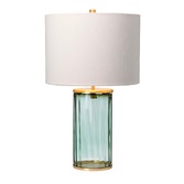 Photograph: Quintiesse Reno Green Glass Table Lamp Complete With Aged Brass Metalwork And Cream Faux Silk Shade With Gold Metallic Inner - QN-RENO-GREEN-AB