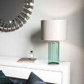 Photograph: Quintiesse Reno Green Glass Table Lamp Complete With Polished Nickel Metalwork And Origami Cream Faux Silk Shade With Silver Metallic Inner - QN-RENO-GREEN-PN