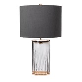 Photograph: Quintiesse Reno Smoke Glass Table Lamp Complete With Polished Nickel Metalwork And Grey Faux Silk Shade With Silver Metallic Inner - QN-RENO-SMOKE-PN