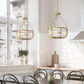 Photograph: Quintiesse Roux 3 Light Pendant/Semi-Flush In Natural Brass Finish Complete With Clear Ribbed Glass - QN-ROUX3-NBR