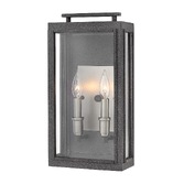 Photograph: Quintiesse Sutcliffe 2 Light Wall Lantern In Aged Zinc Complete With Antique Nickel Detailing and Clear Glass - IP44 - QN-SUTCLIFFE-M-AZ